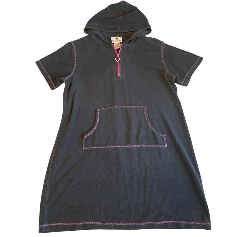 Quacker Factory Y2K Black Terrycloth Half Zip Hooded Swim Coverup Mini Dress Lg